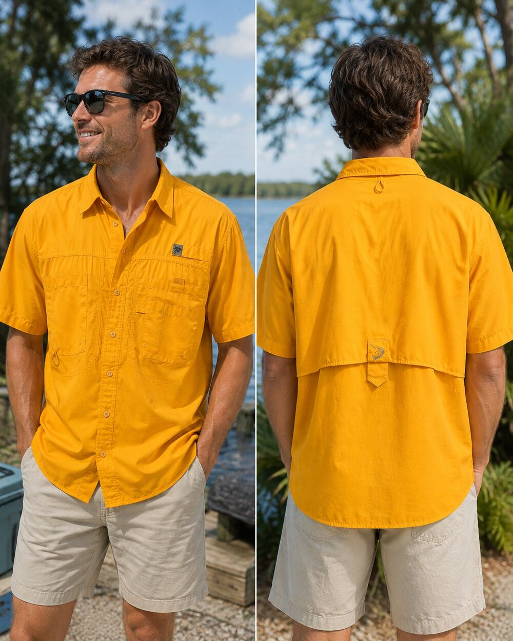 Reel Legends Men’s Medium Yellow-Orange Vented Fishing Shirt